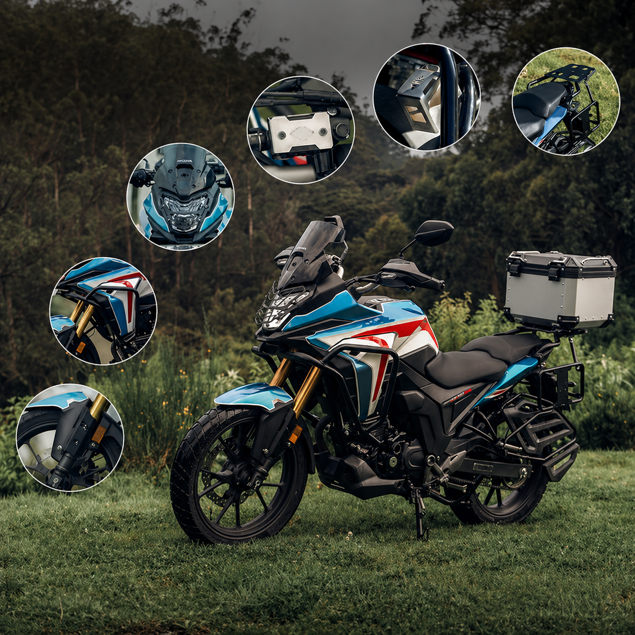 Honda CB200X bike with premium accessories including crash guard, top rack, and mobile holder by Chokkas